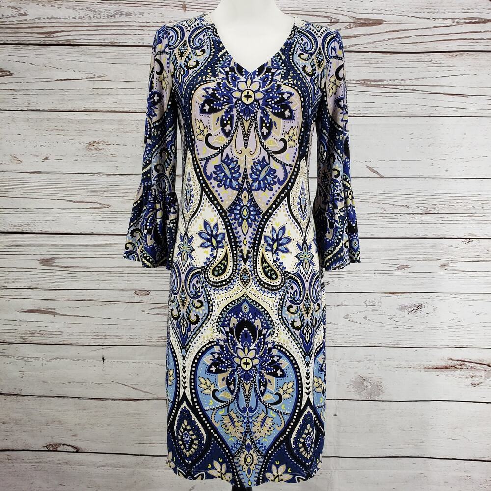 Chico's Women's Blue V-Neck Paisley Flutter Sleeve Dress Size 00